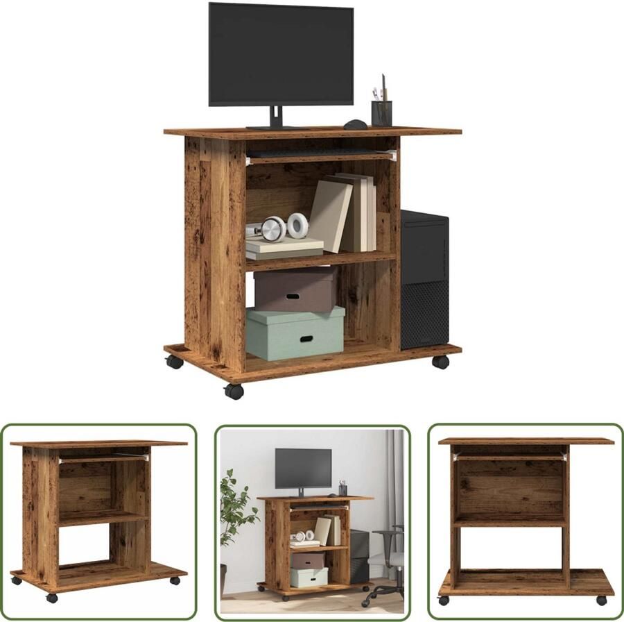 The Living Store Computerbureau 80x50x75 cm bewerkt hout oud houtkleurig Computerbureau Laptop Bureau Bureaus Houten Bureau Compact Bureau