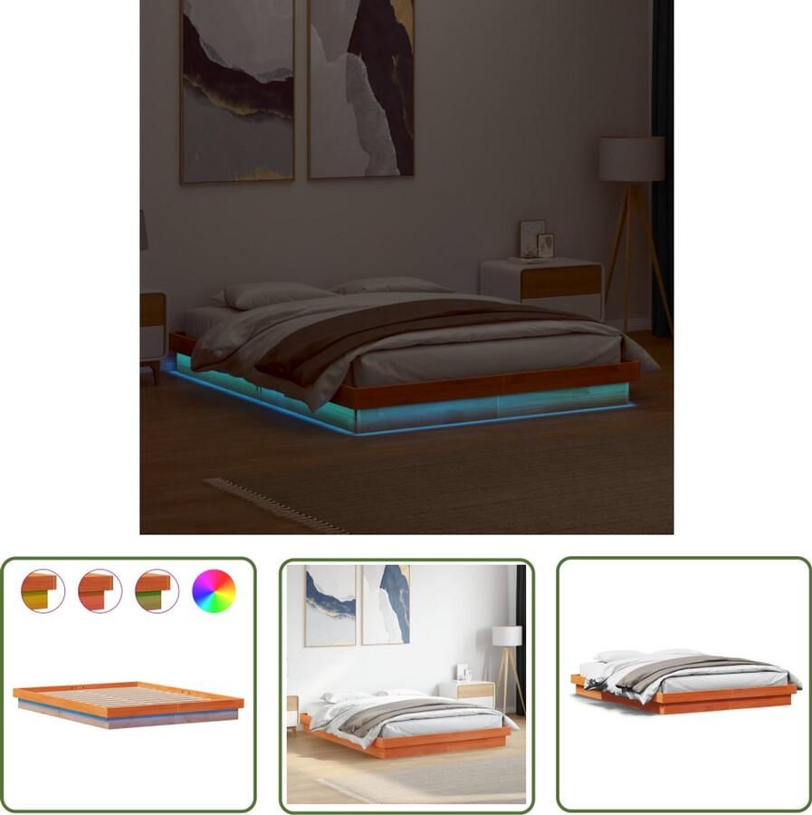 VidaXL Bedframe met LED massief grenenhout wasbruin 160x200 cm Bedframe Led Bed Grenenhouten Bed Bruine Bed King Size Bed