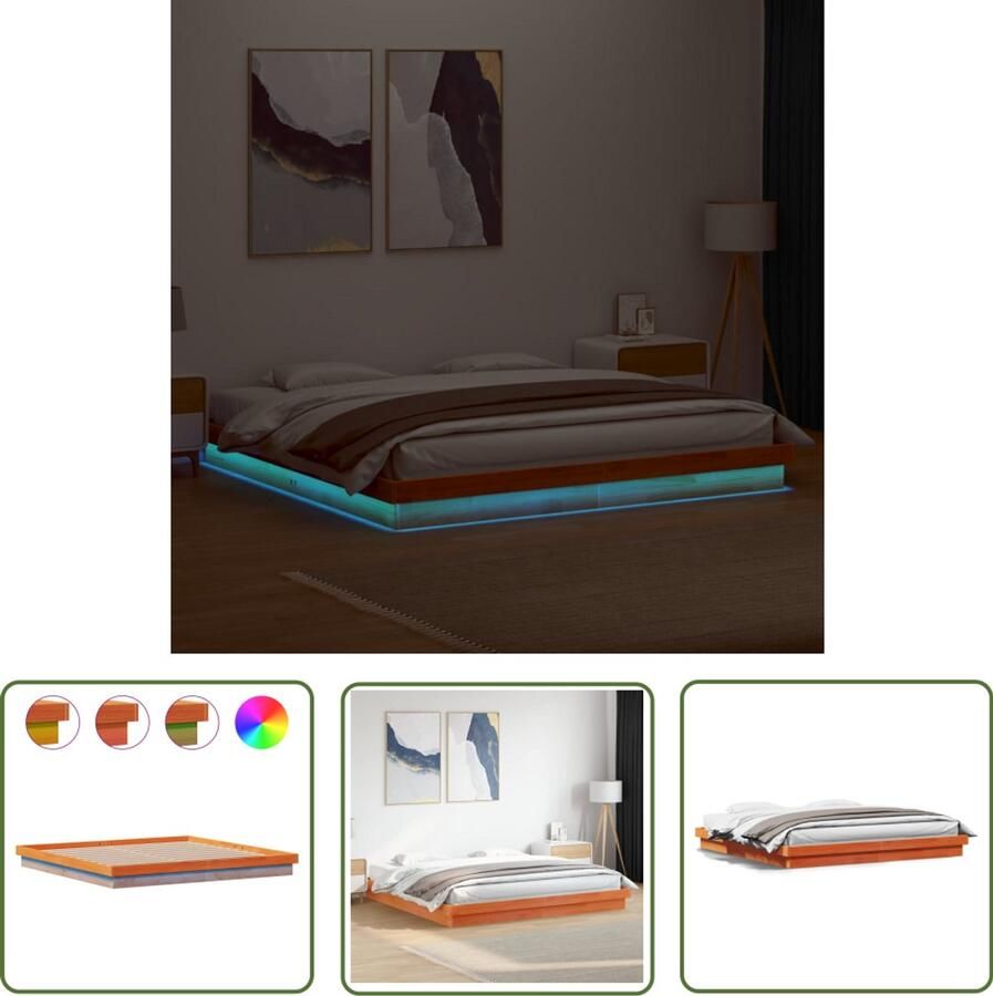 VidaXL Bedframe met LED massief grenenhout wasbruin 200x200 cm Bedframe Led Bed Grenenhouten Bed Bruine Bed King Size Bed