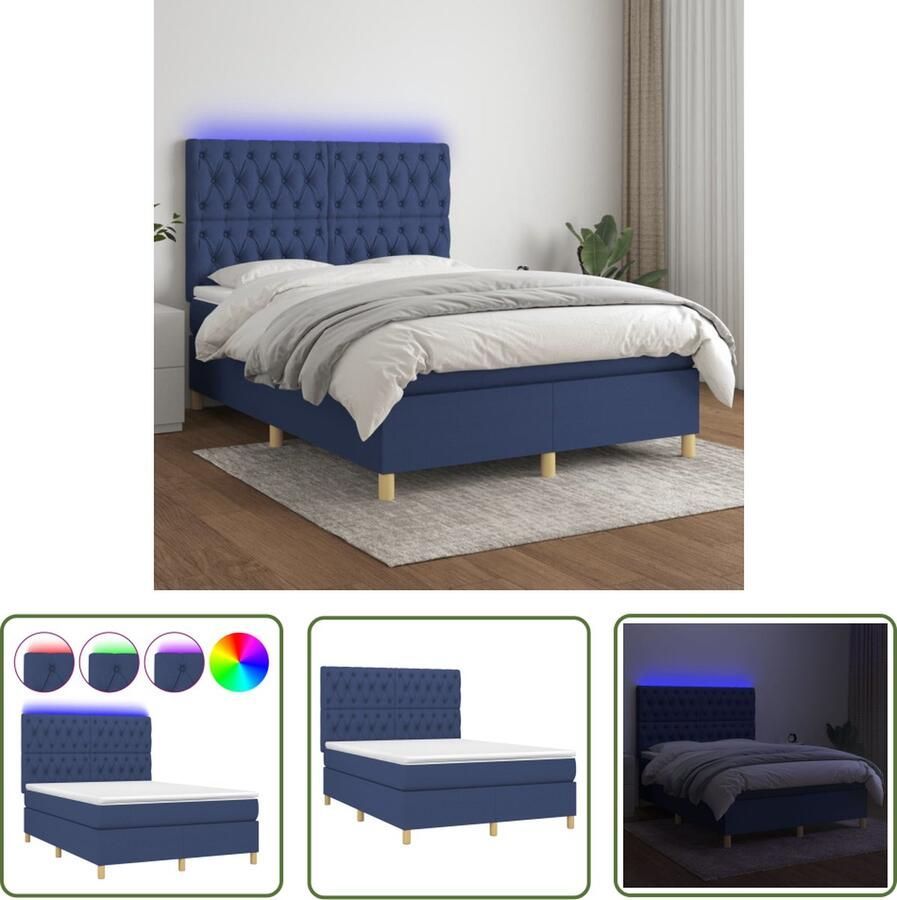 The Living Store Boxspring Bed LED Pocketvering Huidvriendelijk Blauw 193x144x118 128cm Boxspring Bed Led Bed Pocketed Spring Mattress Blue Bed Frame Bedroom Furniture