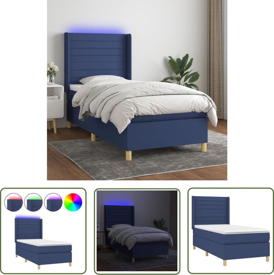 The Living Store Boxspring Bed Blauw 193 x 93 x 118 128 cm LED Pocketvering Matras Huidvriendelijk Topmatras Boxspring Bed Led Bed Slaapcomfort Pocketveer Matras Blue Bed Frame