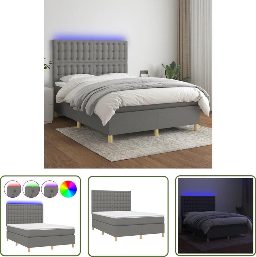 The Living Store Boxspring met matras en LED stof donkergrijs 140x190 cm Boxspring Boxsprings Bed Slaapmeubel Boxspringbed Boxspring Bed Tweepersoonsbed Bed Met Matras Bedframe Ledikant Bed Met LED - Foto 2