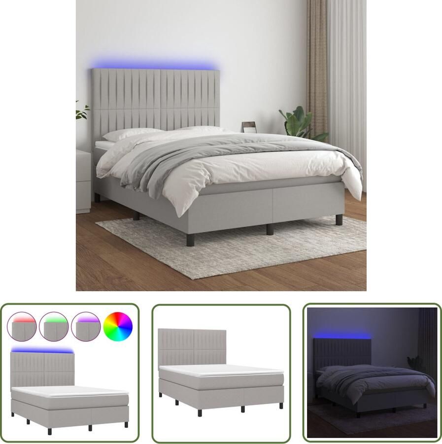 The Living Store Boxspring Bed LED Lichtgrijs 193x144x118 128 cm Pocketvering matras Boxspring Bed Led Bed Grijs Bed Tweepersoons Bed Pocketed Spring Mattress