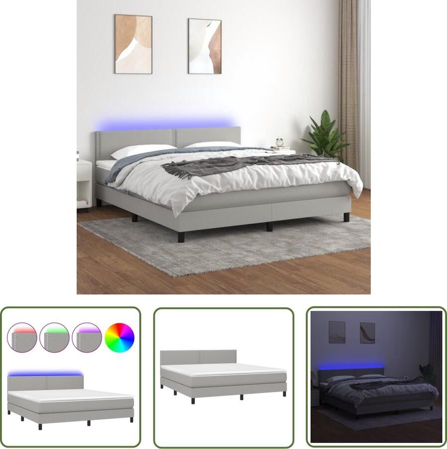 The Living Store Boxspring Bed LED Lichtgrijs 203 x 160 x 78 88 cm Pocketvering Matras Huidvriendelijk Topmatras Boxspring Bed Led Bed Grijs Bed Tweepersoons Bed Pocketed Spring Mattress