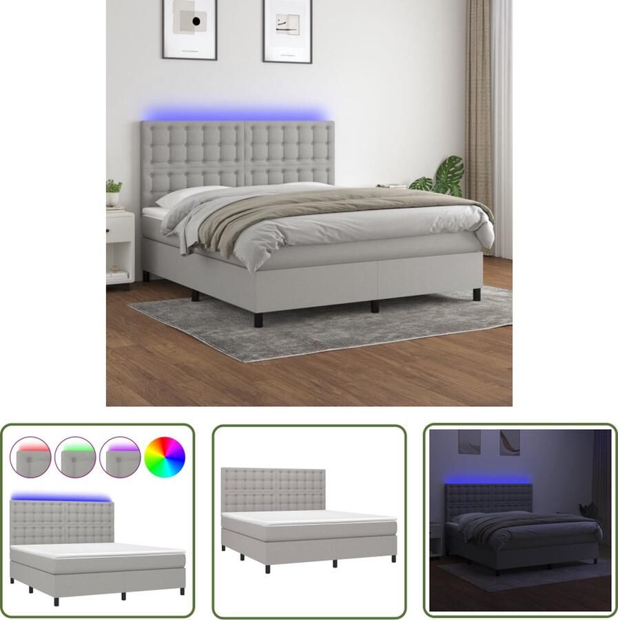The Living Store Boxspring met matras en LED stof lichtgrijs 180x200 cm Boxspring Bed Led Bed Tweepersoons Bed Grijs Bed Slaapcomfort
