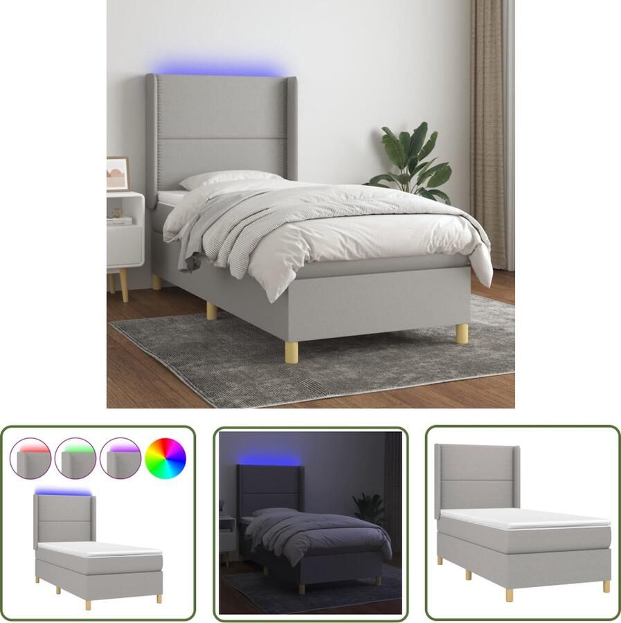 The Living Store Boxspring met matras en LED stof lichtgrijs 80x200 cm Boxspring Bed Led Bed Pocketed Spring Mattress Grijs Bed Tweepersoons Bed