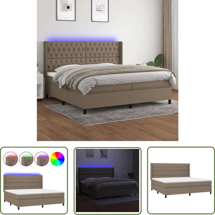 The Living Store Boxspring met matras en LED stof taupe 200x200 cm Boxspring Bed Led Bed Elektrisch Bed Verstelbare Hoofdbord Pocketed Spring Mattress