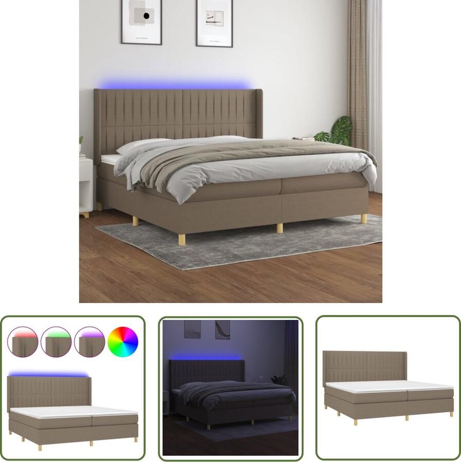The Living Store Boxspring Bed LED Pocketvering Huidvriendelijk Taupe 203x200x118 128cm Boxspring Bed Led Bed Pocketveer Matras Taupe Bed Tweepersoons Bed