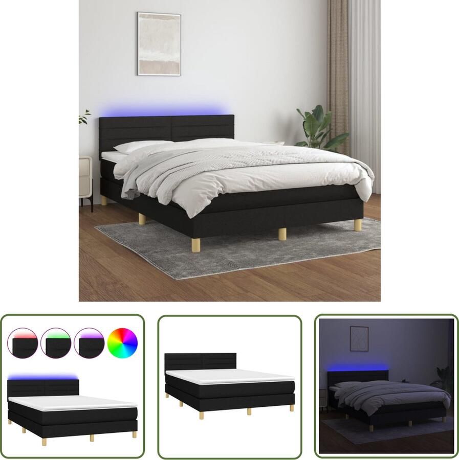 The Living Store Boxspring LED 140 x 190 cm zwart stof verstelbaar hoofdbord pocketvering matras huidvriendelijk topmatras kleurrijke LED-verlichting Boxspring Led Bed Slaapcomfort Verstelbare Hoofdbord Pocketveer Matras
