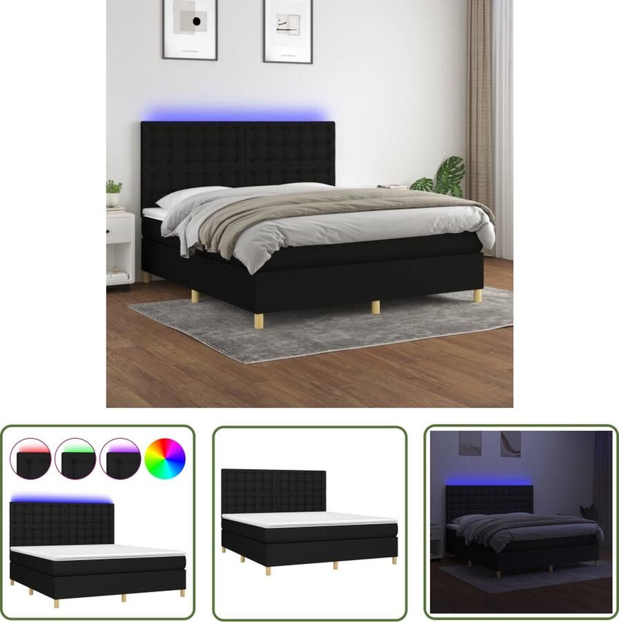 The Living Store Boxspring Bed Pocketvering Matras LED 160x200 cm Zwart Boxspring Bed Led Bed Pocketed Spring Mattress King Size Bed Black Bed Frame