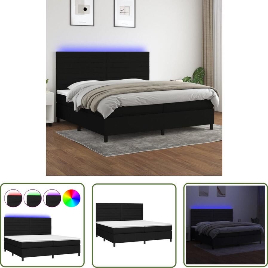 The Living Store Boxspring Bed LED Pocketvering Huidvriendelijk Zwart 203x200x118 128cm Met montagehandleiding Boxspring Bed Led Bed Pocketed Spring Mattress Comfortabel Bed Zwarte Boxspring