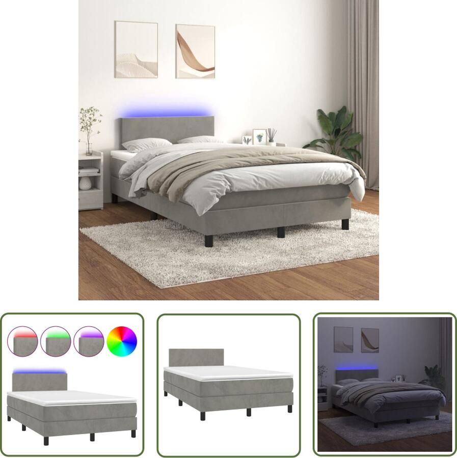 The Living Store Boxspring met matras en LED fluweel lichtgrijs 120x200 cm Boxspring Led Bed Velvet Bed Tweepersoonsbed Grijs Bed