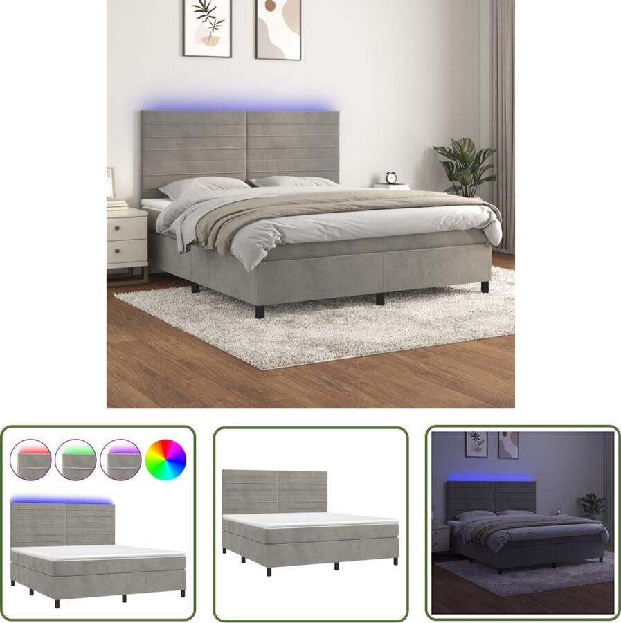 The Living Store Boxspring met matras en LED fluweel lichtgrijs 180x200 cm Boxspring Led Bed Velvet Bed Tweepersoons Bed Groot Bed