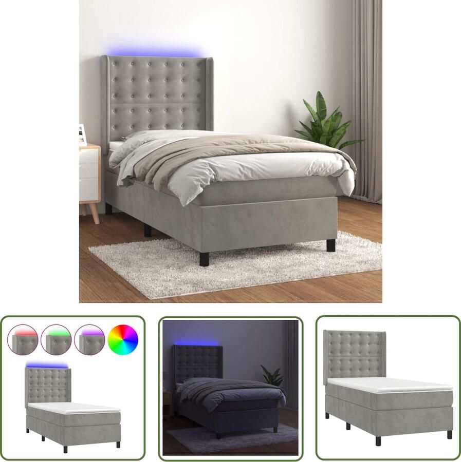 The Living Store Bed Boxsprings 193 x 90 x 78 88 cm Lichtgrijs Fluweel LED Matras Topmatras Boxspring Led Bed Velvet Bed Tweepersoonsbed Slaapcomfort - Foto 2