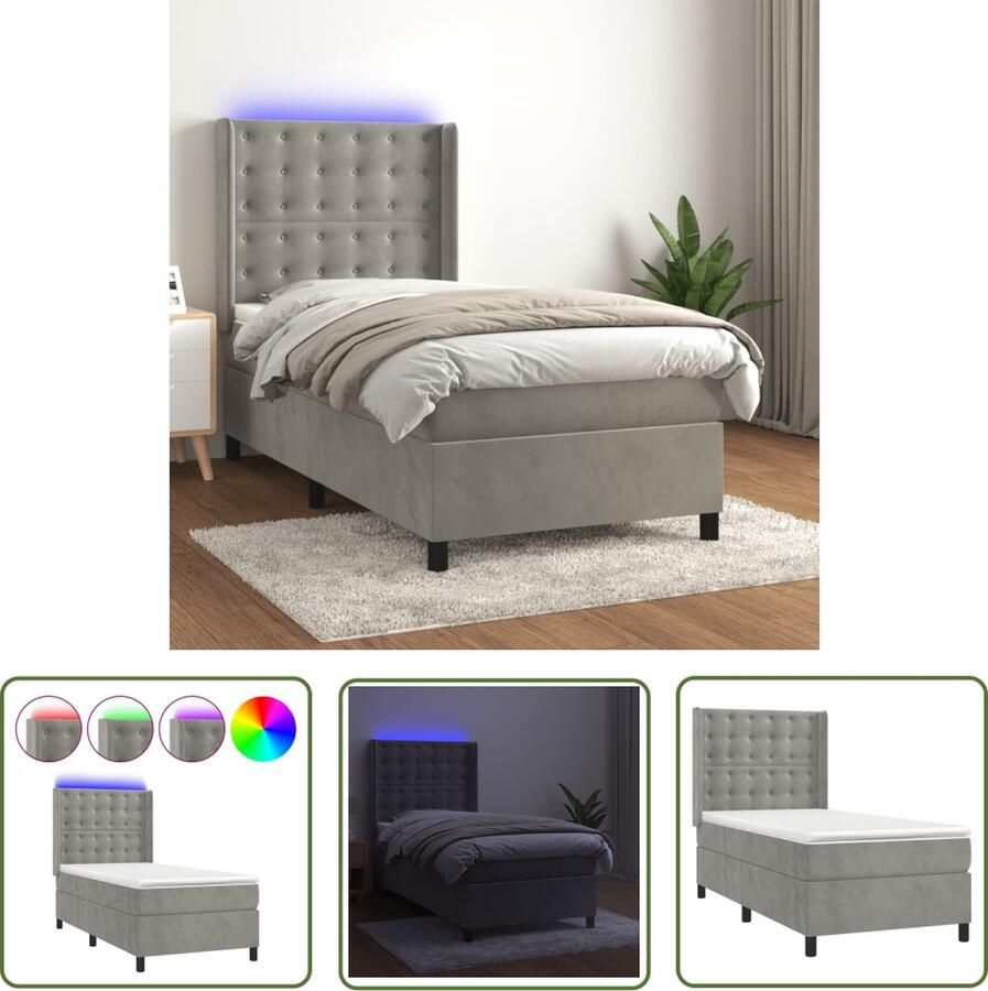 The Living Store Boxspring met matras en LED fluweel lichtgrijs 90x200 cm Boxspring Led Bed Velvet Bed Tweepersoonsbed King Size Bed