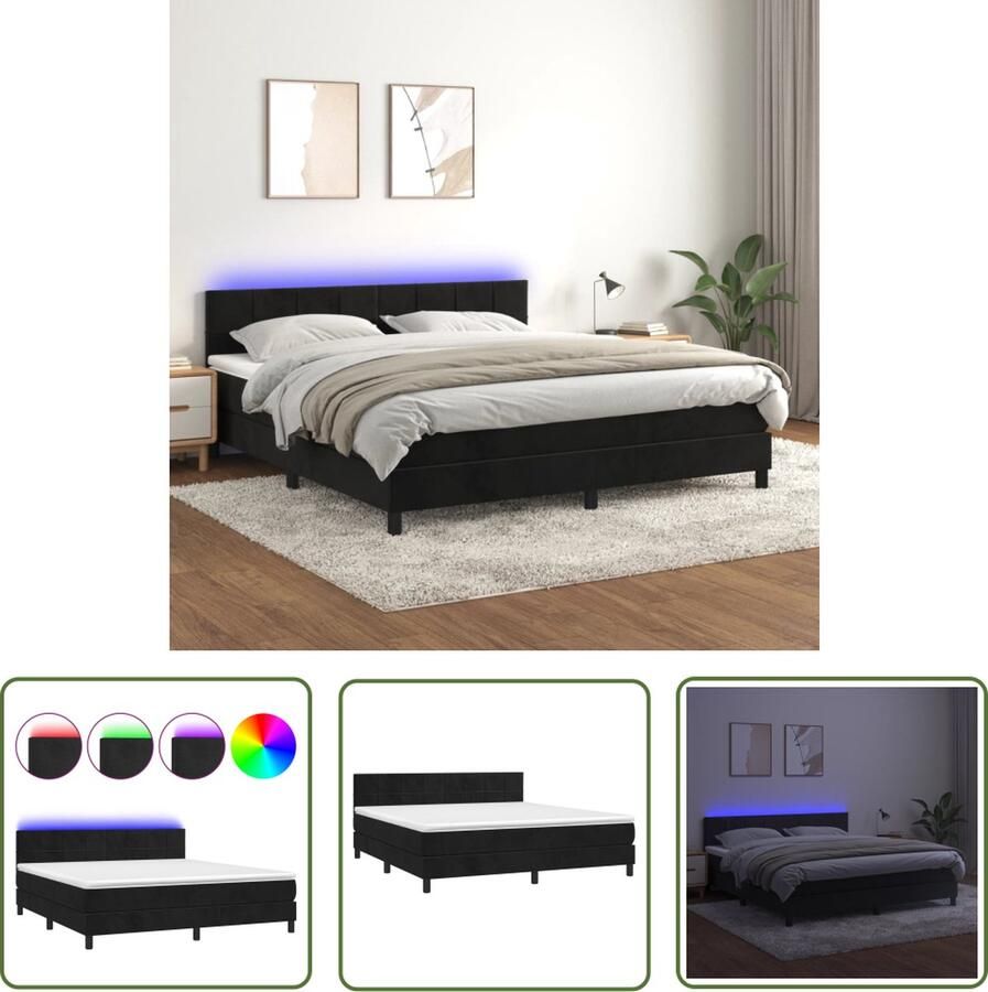 The Living Store Boxspring Bed met Matras en LED Verlichting Fluweel Zwarte Kleur 203x183x118 128 cm 180x200x20 cm Matras 180x200x5 cm Topmatras Lengte 55 cm LED-strips IP65