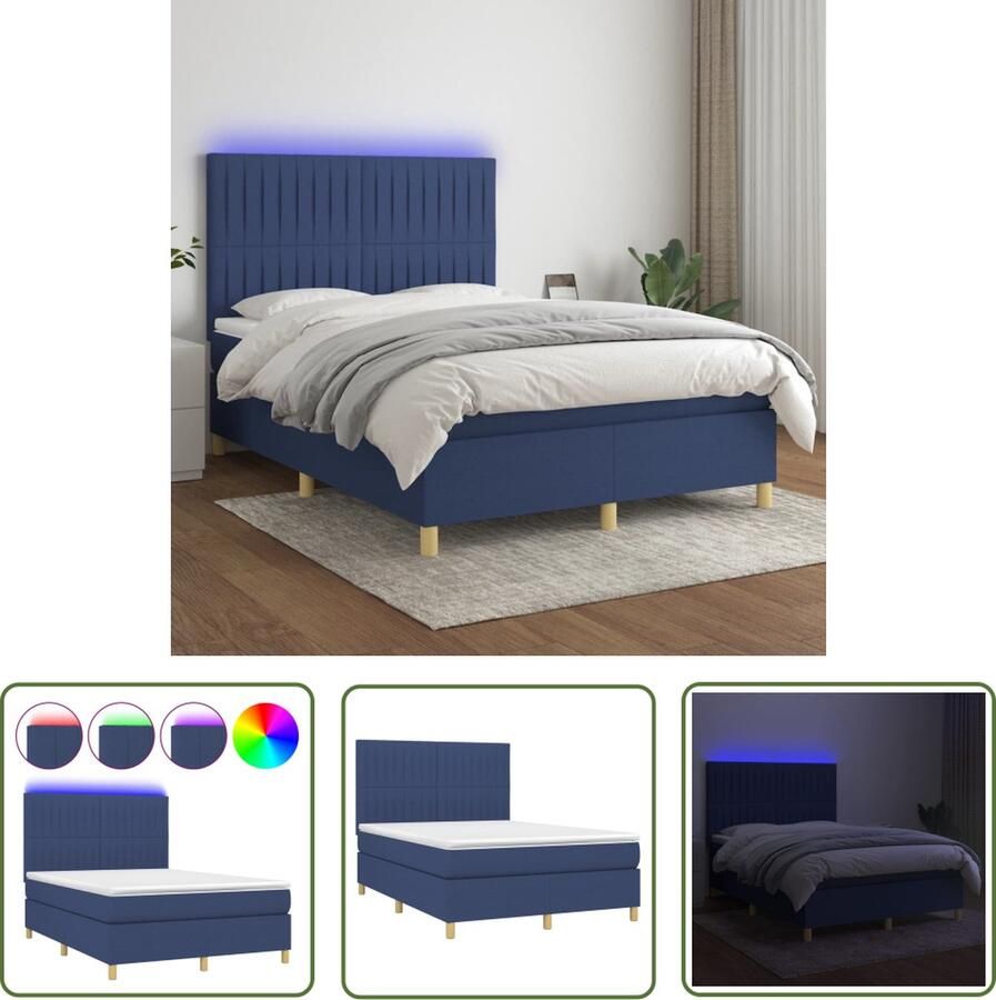 The Living Store Boxspring LED 140x190 cm Blauw met Pocketvering Matras en Huidvriendelijk Topmatras Boxspring Led Bed Slaapcomfort Tweepersoonsbed Blue Bed