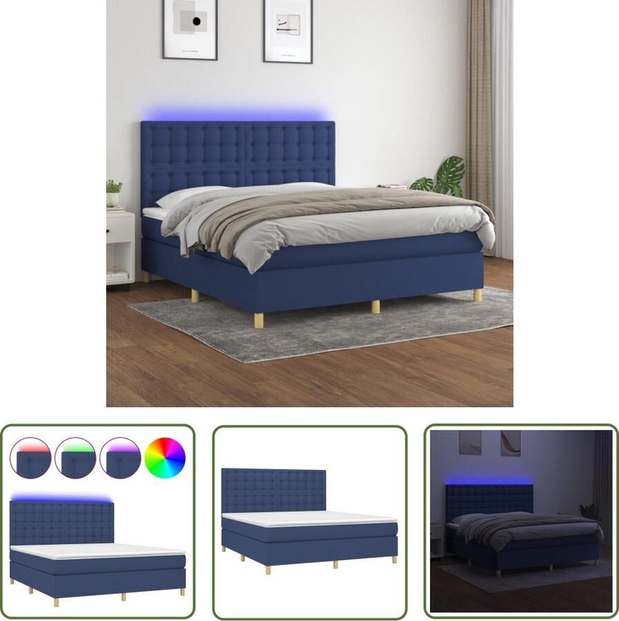 The Living Store Boxspring LED H 180 x B 203 x D 118 128 cm Blauw Pocketvering matras Huidvriendelijk topmatras Inclusief hoofdbord Kleurrijke LED-verlichting