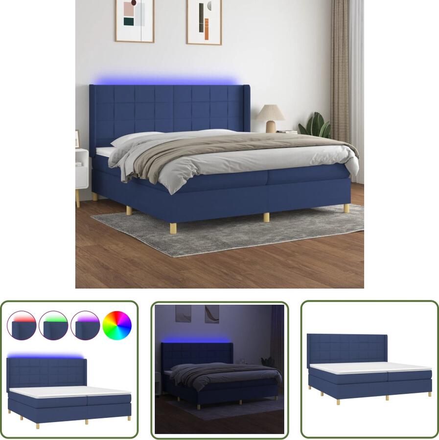 The Living Store Boxspring LED Blauw 203 x 203 cm Pocketvering matras Boxspring Led Bed Boxspring Met Led Tweepersoons Bed Blauwe Boxspring