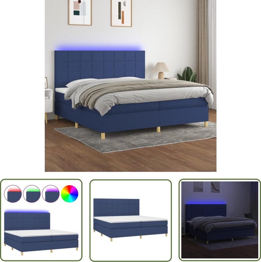 The Living Store Boxspring LED Blauw 203 x 200 x 118 128 cm Duurzaam Verstelbaar hoofdbord Kleurrijke LED-verlichting Pocketvering matras Huidvriendelijk topmatras Montagehandleiding inbegrepen