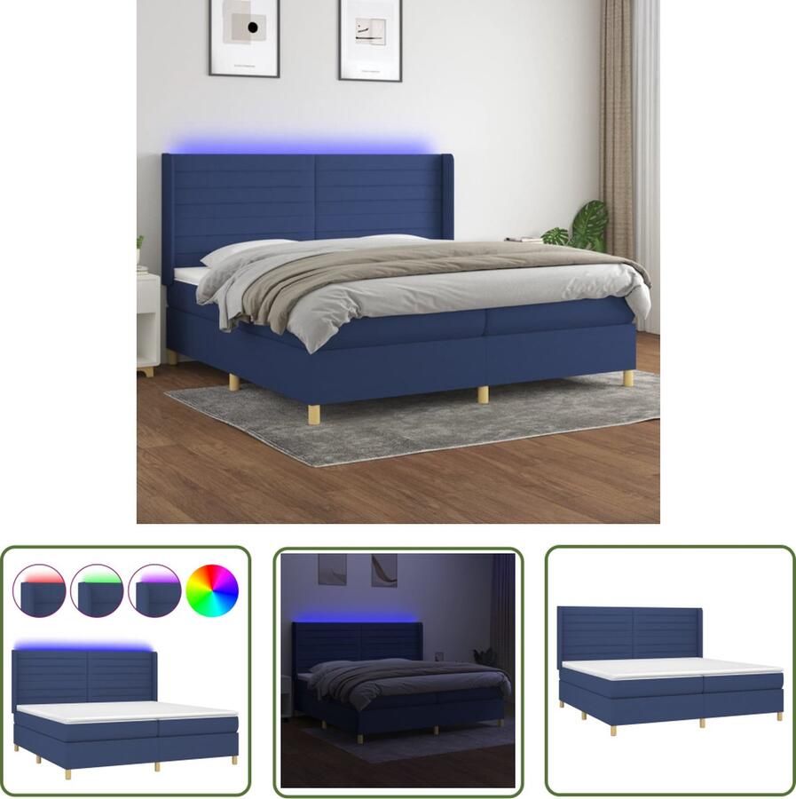 The Living Store Boxspring LED Blauw 203 x 203 x 118 128 cm Pocketvering matras Huidvriendelijk topmatras Boxspring Led Bed Slaapcomfort Tweepersoonsbed Blauwe Bed