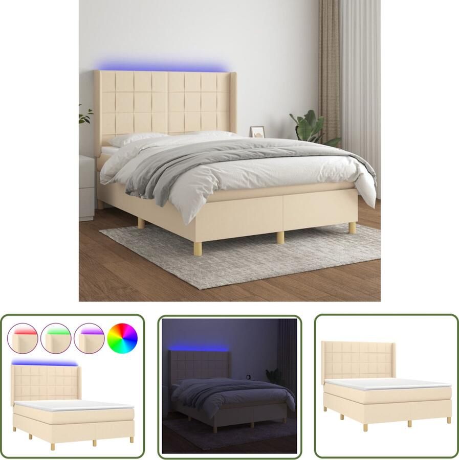 The Living Store Boxspring crème 193x147x118 128 cm LED Pocketvering matras Huidvriendelijk topmatras Inclusief montagehandleiding Boxspring Led Bed Creme Bed Pocketed Spring Mattress Hoofdbord