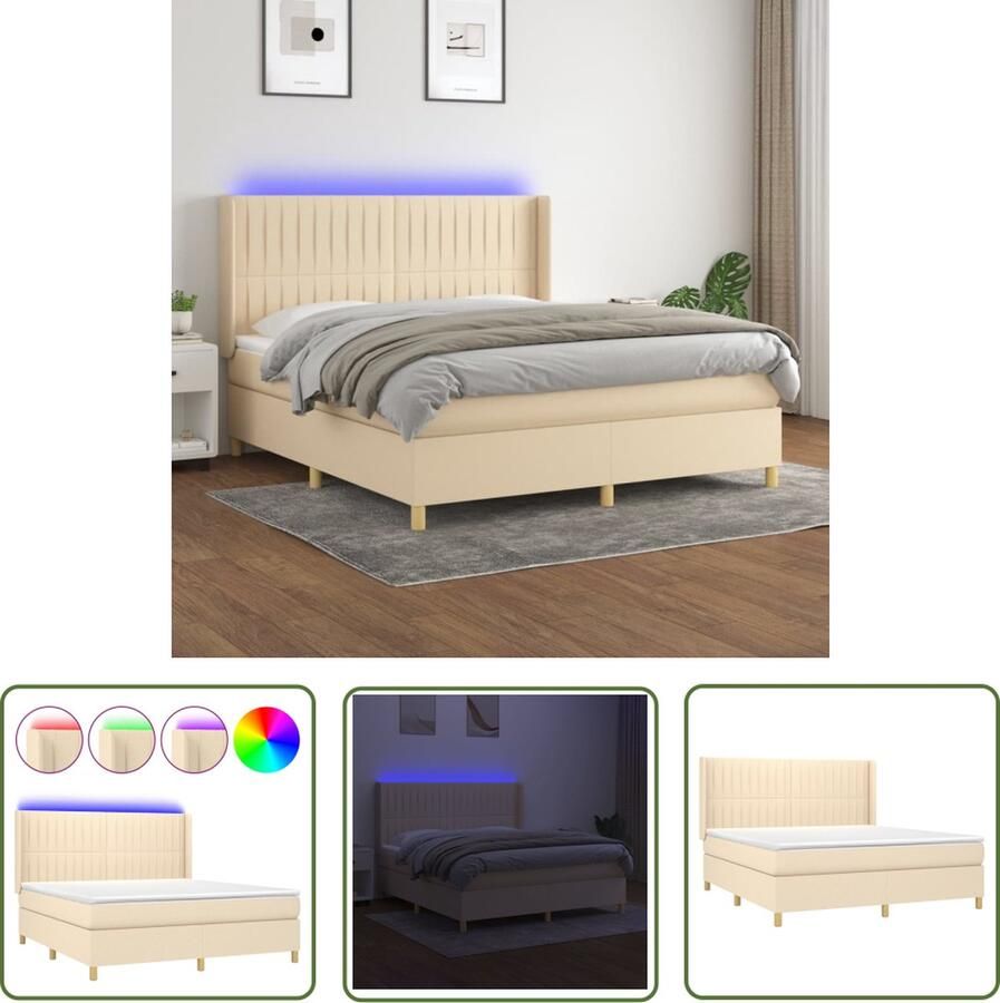 The Living Store Boxspring LED 203 x 160 x 118 128 cm Crème Pocketvering matras Huidvriendelijk topmatras Kleurrijke LED-verlichting Boxspring Led Bed Creme Bed Tweepersoonsbed Pocketed Spring Mattress