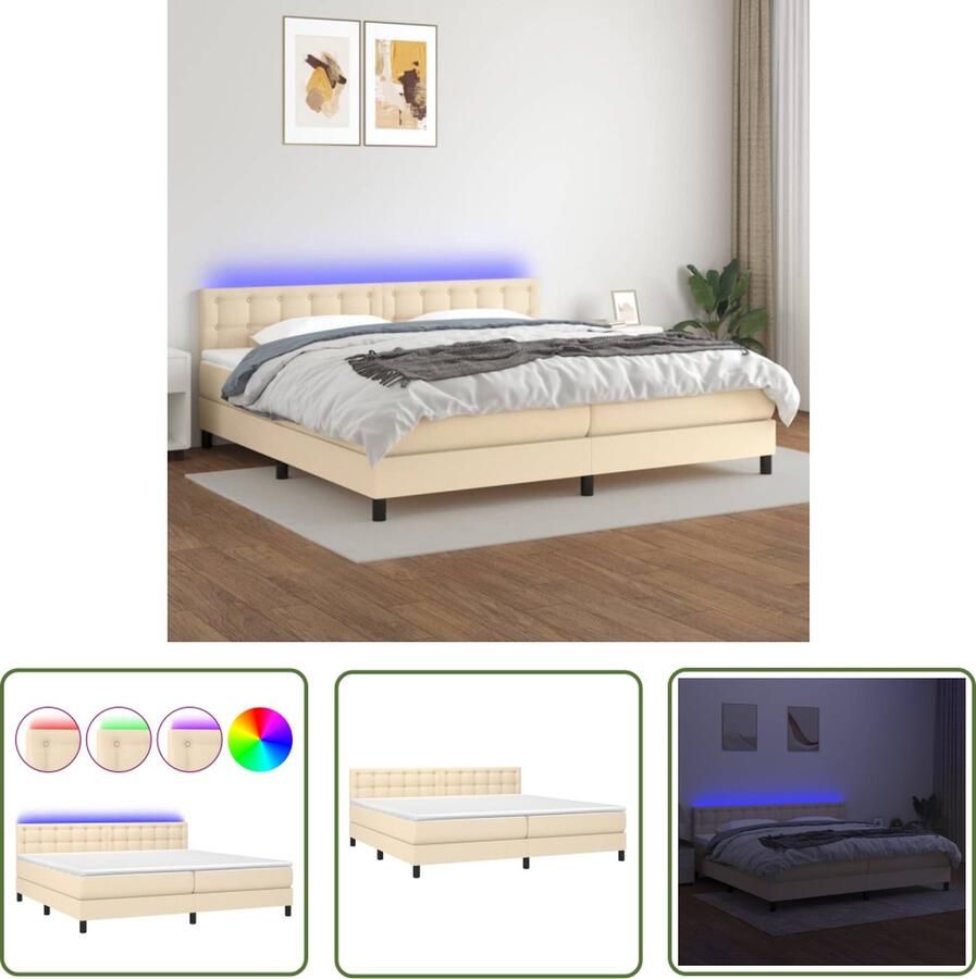 The Living Store Bed LED Boxspring 203x203 Crème Pocketvering matras Huidvriendelijk topmatras Verstelbaar hoofdbord Boxspring Led Bed Creme Bed Tweepersoonsbed Pocketed Spring Mattress - Foto 2