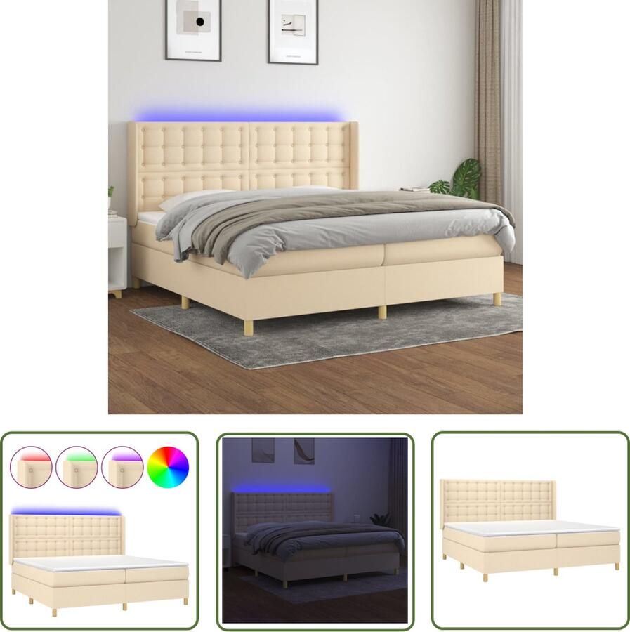 The Living Store Bed LED Boxspring 203x203 Crème Pocketvering matras Huidvriendelijk topmatras Verstelbaar hoofdbord Boxspring Led Bed Creme Bed Tweepersoonsbed Pocketed Spring Mattress