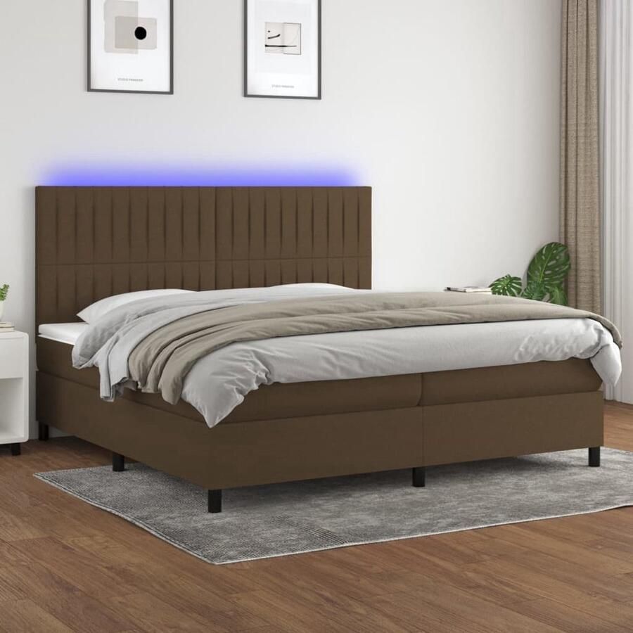 The Living Store Boxspring Dark Brown 203x200x118 128cm LED Pocketvering Matras Huidvriendelijk Topmatras Boxspring Led Bed Bruine Boxspring Tweepersoons Bed Pocketed Spring Mattress