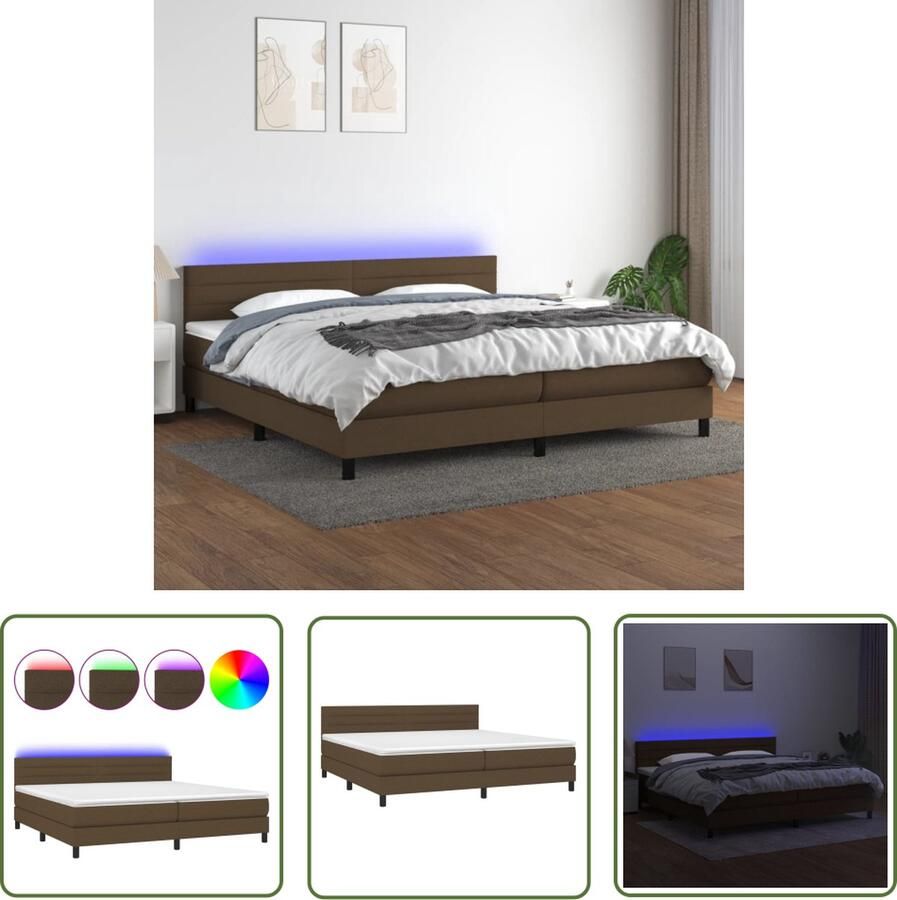 The Living Store Bed Boxspring LED Donkerbruin 203x200x78 88cm verstelbaar hoofdbord pocketvering matras huidvriendelijk topmatras kleurrijke LED-verlichting inclusief montagehandleiding