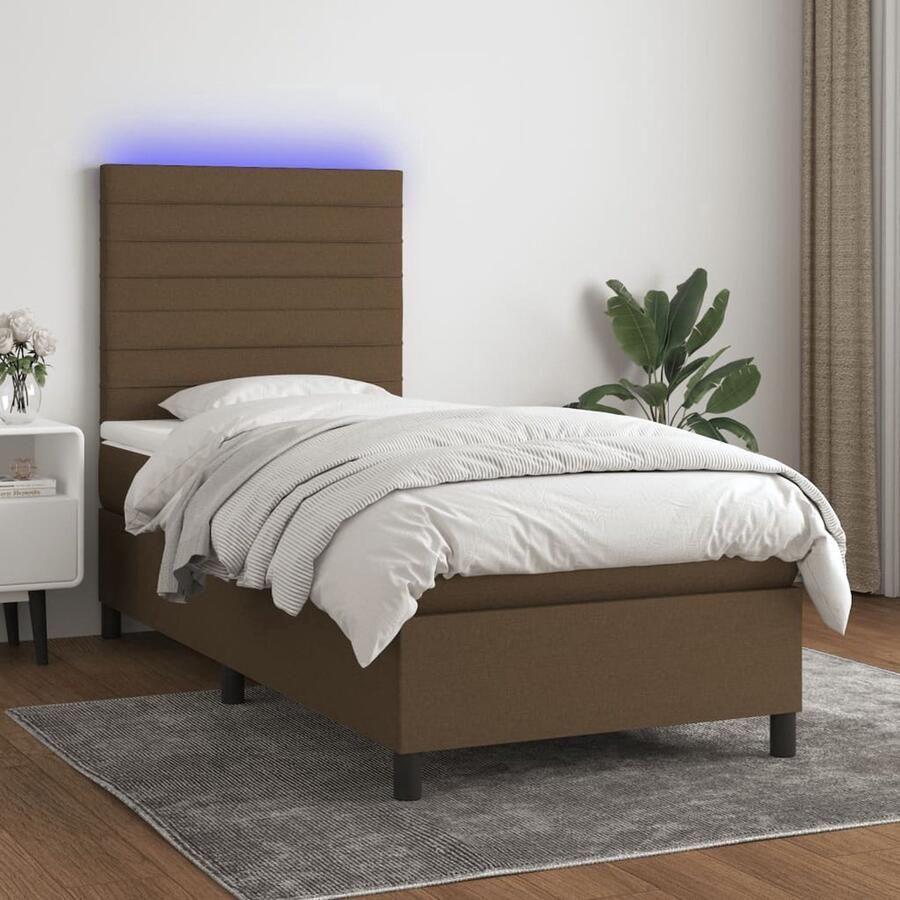 VidaXL Led Bed Boxspring met matras en LED stof donkerbruin 90x190 cm Pocketveer Matras Bruine Bed Tweepersoons Bed