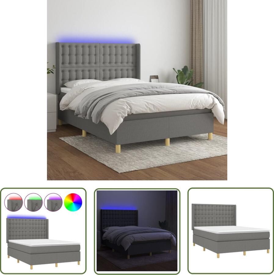 The Living Store Boxspring met matras en LED stof donkergrijs 140x190 cm Boxspring Boxsprings Bed Slaapmeubel Boxspringbed Boxspring Bed Tweepersoonsbed Bed Met Matras Bedframe Ledikant Bed Met LED