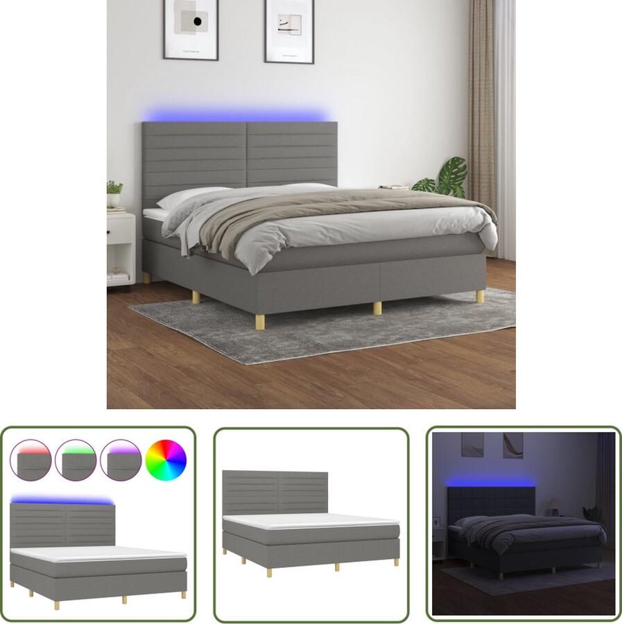 The Living Store Boxspring Bed 203 x 180 x 118 128 cm LED Donkergrijs 100% Polyester Boxspring Led Bed Donkere Kleuren Tweepersoonsbed Slaapcomfort