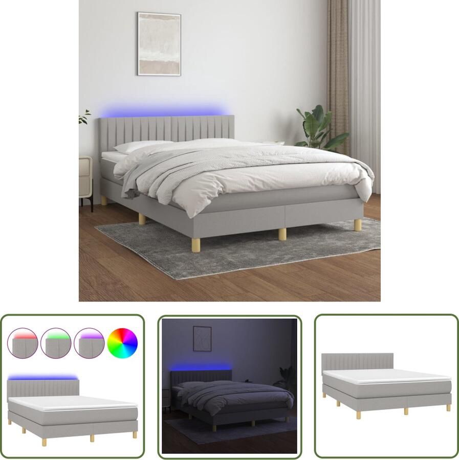 The Living Store Boxspringbed Lichtgrijs Bedframe met verstelbaar hoofdbord Pocketvering matras Huidvriendelijk topmatras Kleurrijke LED-verlichting 140 x 200 cm