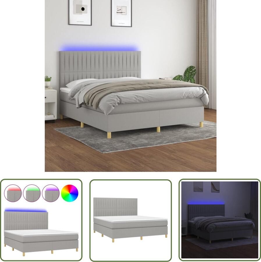 The Living Store Boxspring Bed met matras en LED 203x160x118 128 cm Lichtgrijs Boxspring Led Bed Tweepersoonsbed Grijs Bed Boxspring Frame
