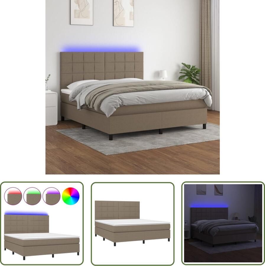 The Living Store Boxspring LED Pocketvering matras Huidvriendelijk topmatras Kleurrijke LED-verlichting 203 x 180 x 118 128 cm Taupe Boxspring Led Bed Pocketveer Matras Taupe Bed Slaapcomfort