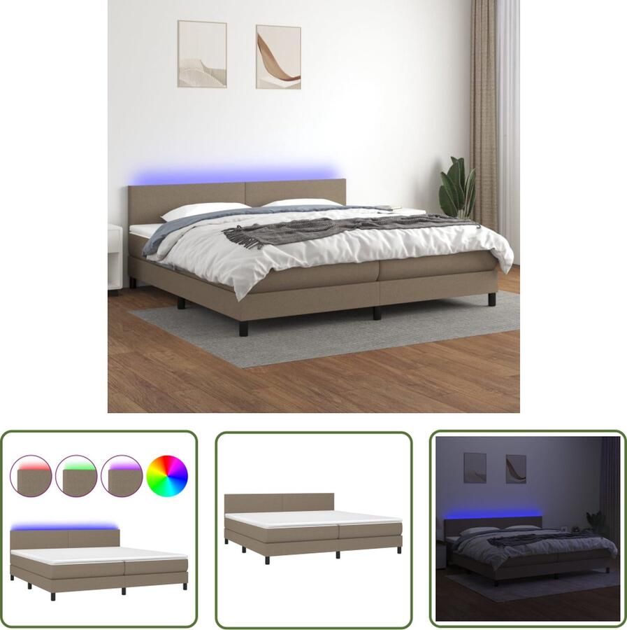 The Living Store Boxspring met matras en LED stof taupe 200x200 cm Boxspring Led Bed Boxspring Met Led Taupecolor Tweepersoonsbed