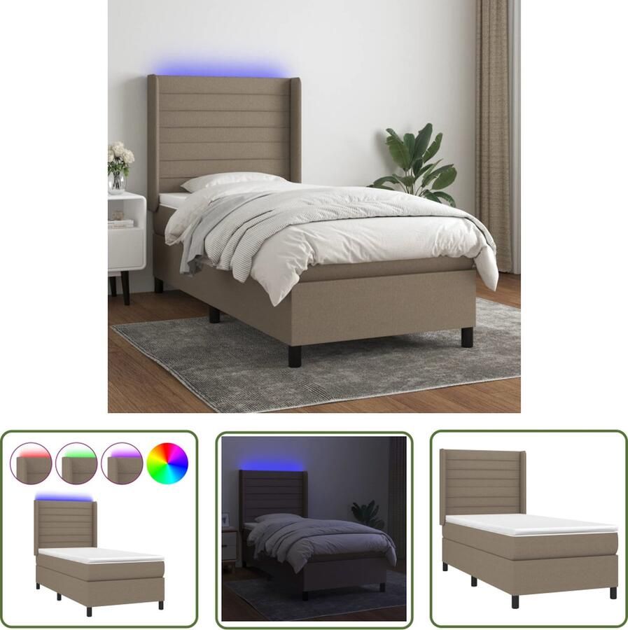The Living Store Boxspring LED 80x200 Taupe stof Verstelbaar hoofdbord Pocketvering matras Huidvriendelijke topmatras Kleurrijke LED-verlichting Boxspring Led Bed Verstelbare Hoofdbord Pocketveer Matras Taupe Bed