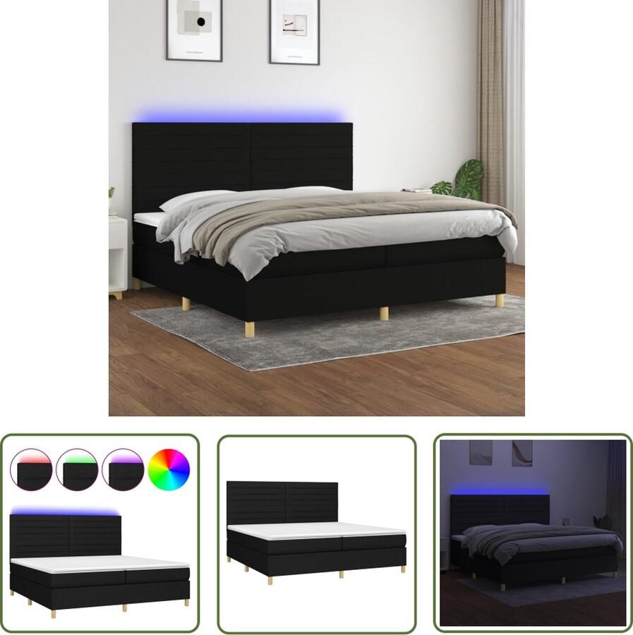 The Living Store Boxspring LED 203x200x128 cm zwart stof verstelbaar hoofdbord pocketvering matras huidvriendelijke topmatras kleurrijke LED-verlichting Boxspring Led Bed Boxspring Met Led Slaapcomfort Elektrisch Hoofdbord