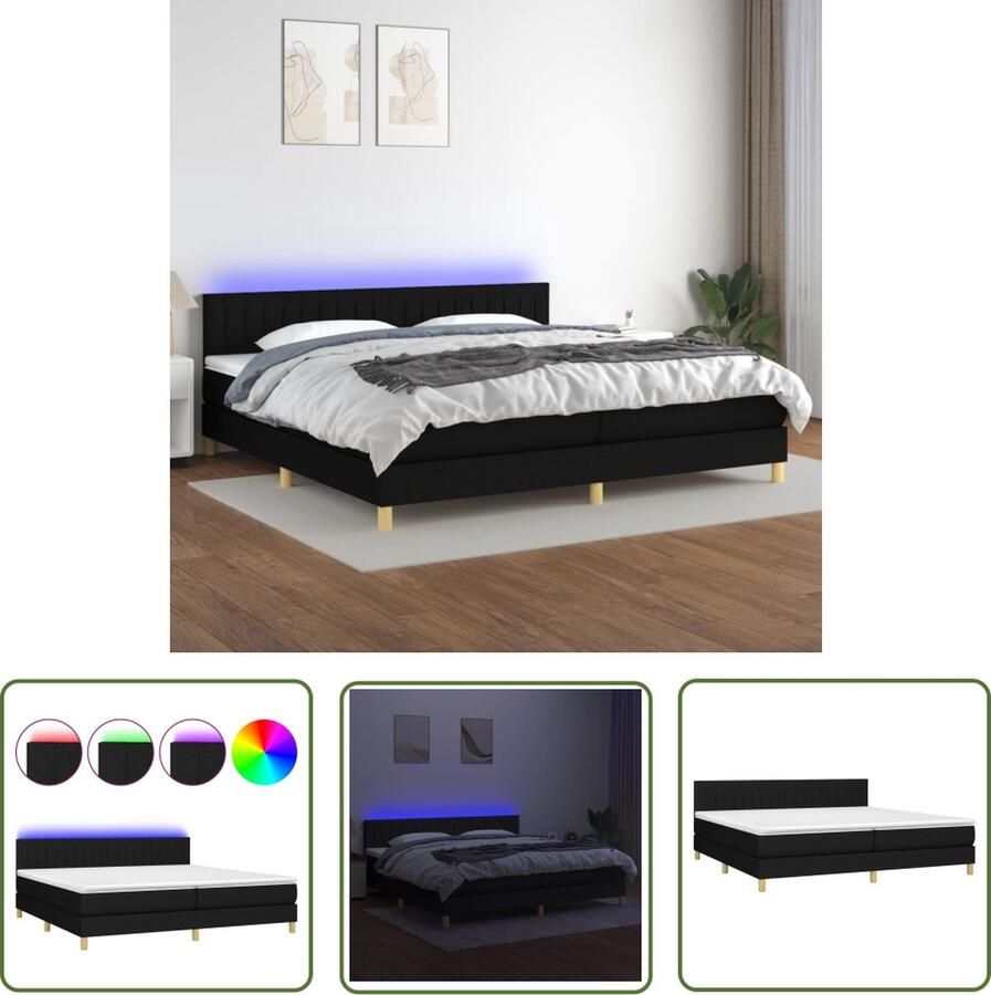 The Living Store Boxspring LED 203 x 200 x 78 88 cm zwart pocketvering matras huidvriendelijk topmatras Boxspring Led Bed Slaapcomfort Pocketveer Matras Boxspring Kopen