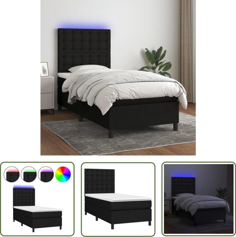 The Living Store Boxspring Bed LED 193 x 90 x 118 128 cm Zwart en Wit Pocketvering Matras Huidvriendelijk Topmatras Inclusief LED-strip Boxspring Bed Led Bed Slaapcomfort Pocketed Veren Matras Hoofdbord