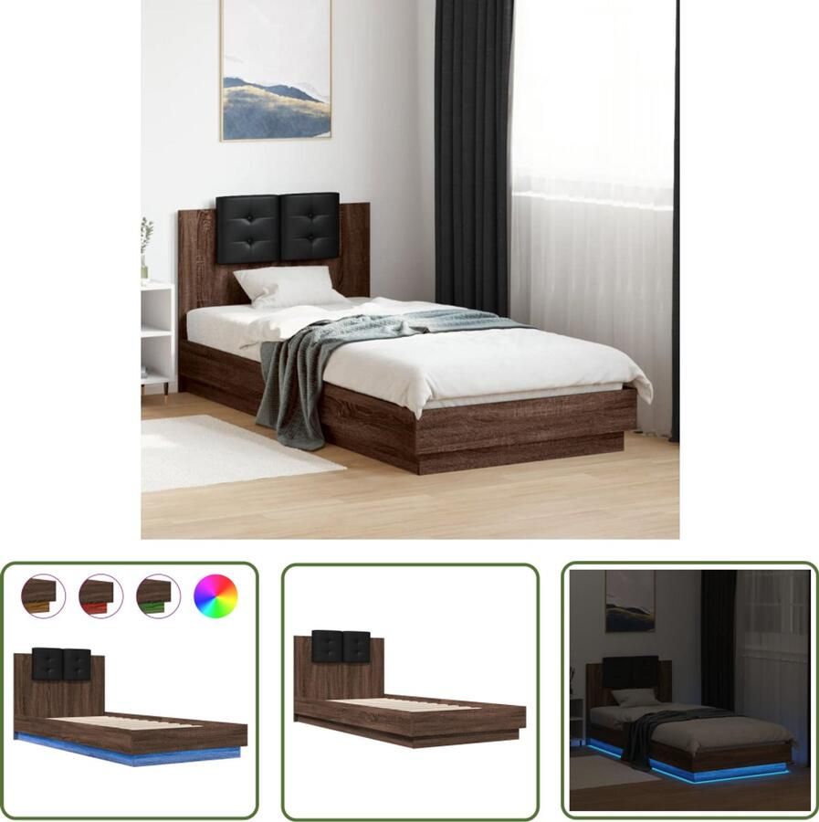 VidaXL Led Bed Bruin Houten Bed Bedframe met hoofdbord en LED bruin eikenkleur 90x200 cm Tweepersoons Bed Compact Bed Modern Bed
