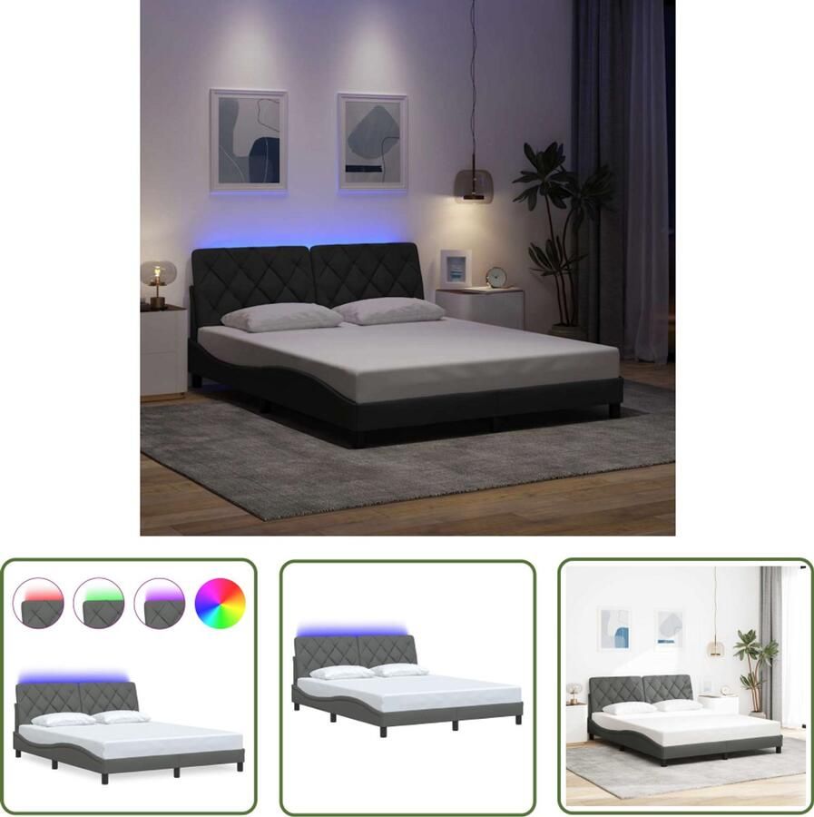 VidaXL Led Bed Frame Bedframe met LED zonder matras 160x200 cm stof donkergrijs Tweepersoons Bed Donkere Kleur Bed Slaapcomfort