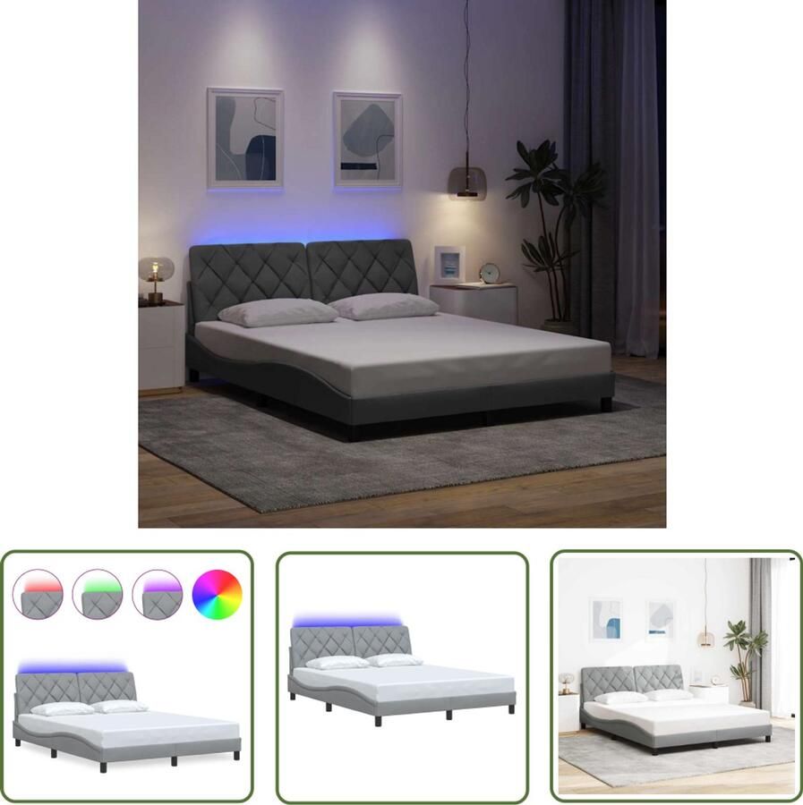 VidaXL Led Bed Frame Bedframe met LED zonder matras 160x200 cm stof lichtgrijs Slaap Kamer Slaapcomfort Hoofdbord
