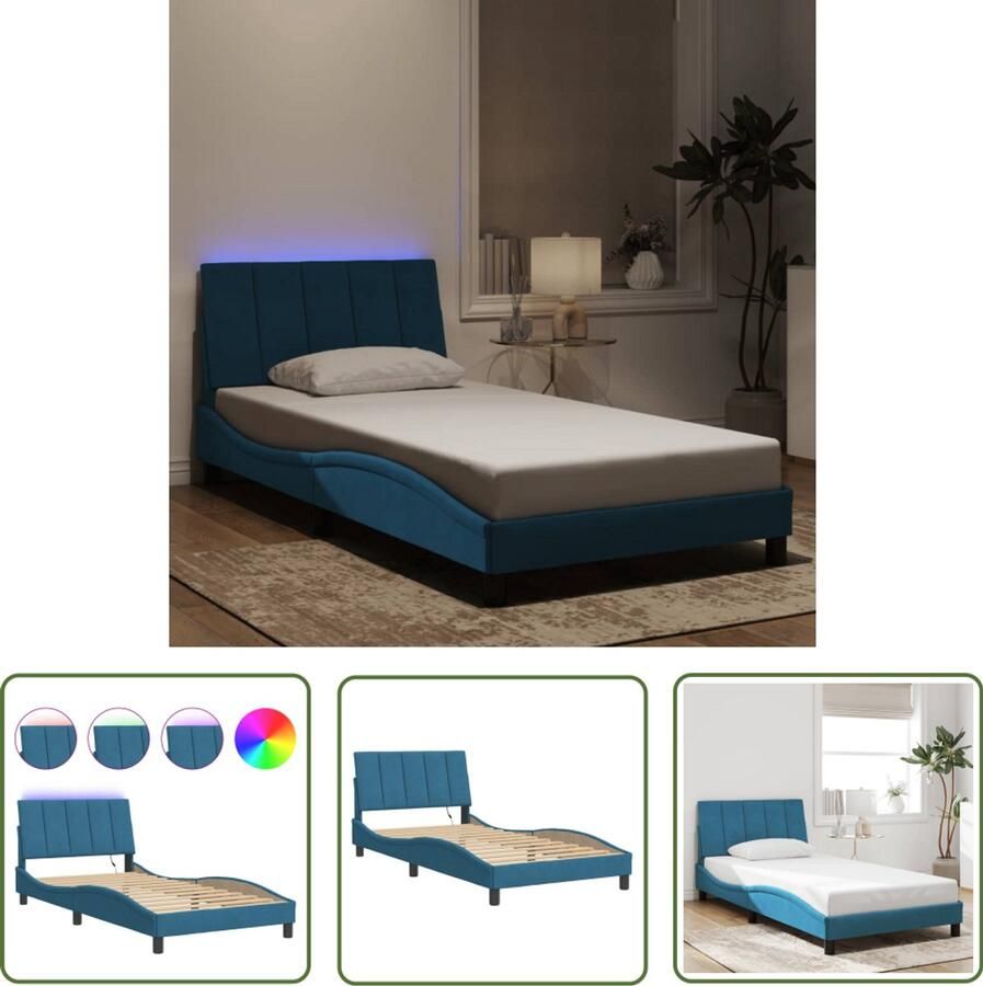 VidaXL Bedframe met LED zonder matras Hanko fluweel blauw 100x200 cm Comfortabel Bed Frame Led Bed Frame Fluweel Bed Frame Blauwd Bed Frame King Size Bed Frame