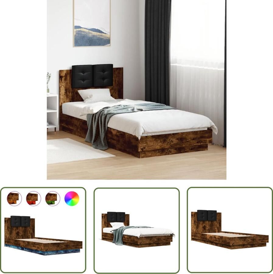 The Living Store Modern Bedframe RGB LED-verlichting 204.5 x 103 x 84 cm Gerookt eiken Modern Bed Frame Led Bed Frame Rgb Verlichting Houten Bed Frame Bruine Bed Frame