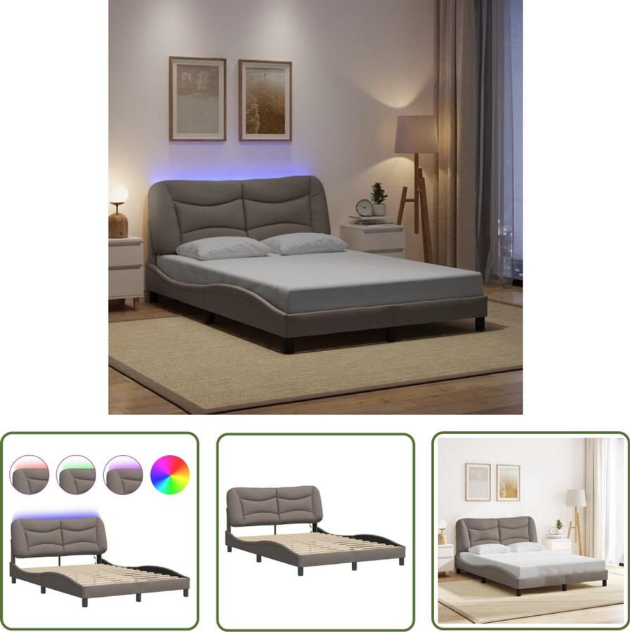 VidaXL Led Bed Frame Slaapkamersdecoratie Bedframe met LED zonder matras Hvar 140x200 cm stof taupe Stof Bedframe Tweepersoons Bed Met Hoofdbord