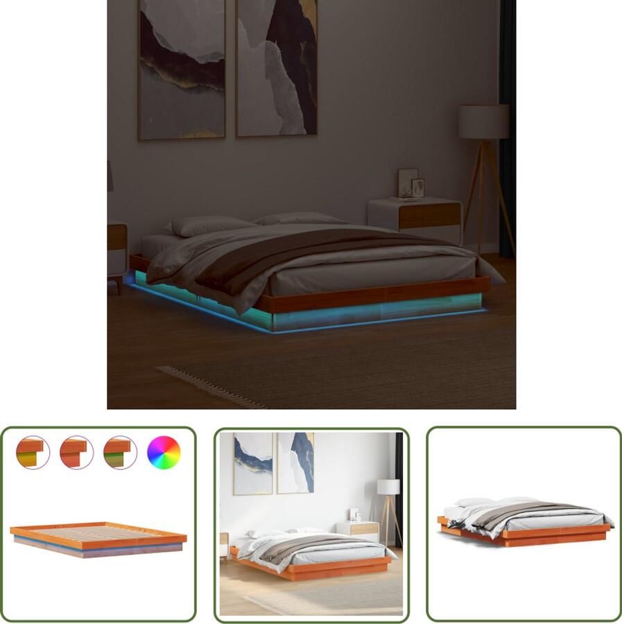 VidaXL Bedframe met LED massief grenenhout wasbruin 150x200 cm Massief Grenenhout Bedframe Led Bed Bruine Bed Tweepersoons Bed King Size Bed