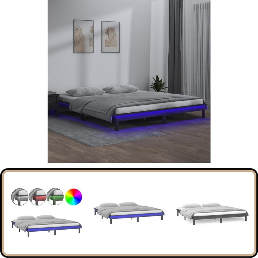VidaXL LED Bedframe 160x200 cm Grijs Hout Houten Bedframe Led Verlichting Grenenhout Slaapkamers Bed Meubilair Licht